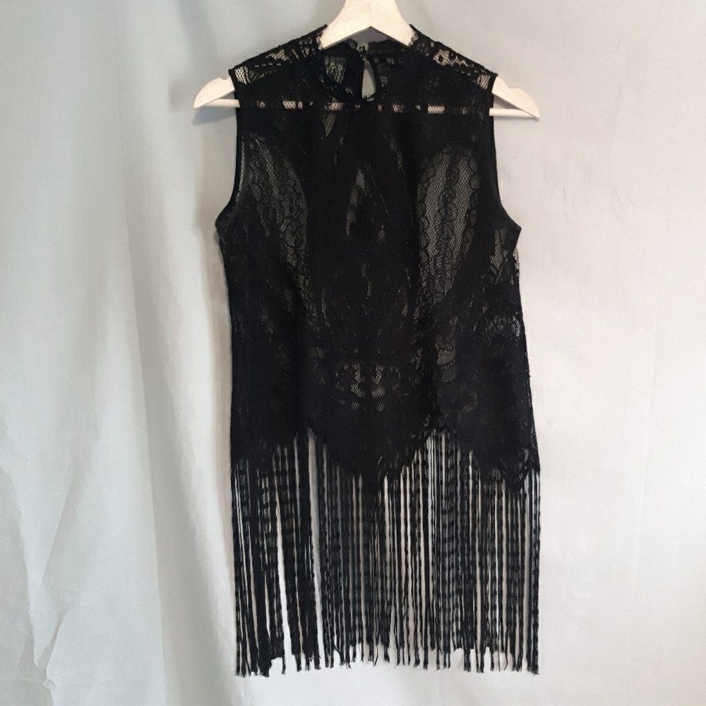 Zara | Black sheer lace sleeveless top with fringe